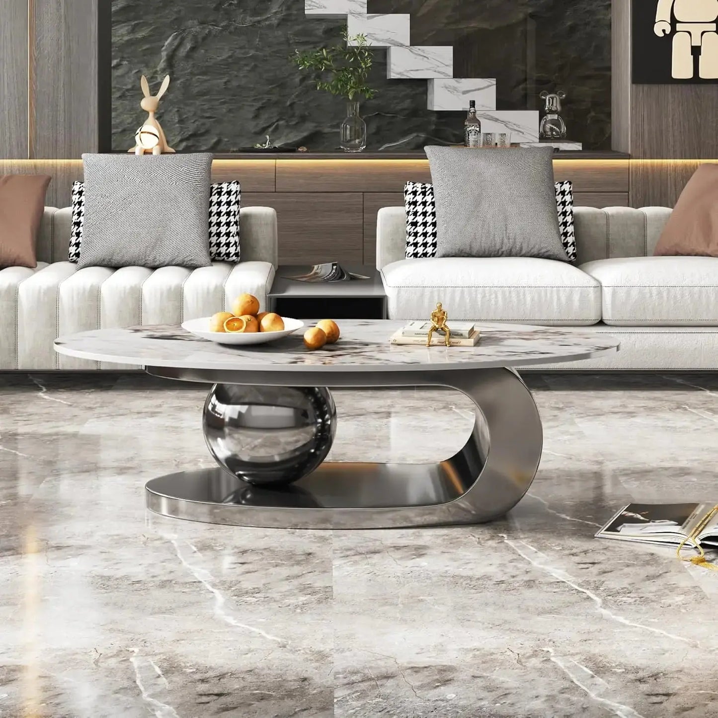 Oval Living Room Table with Faux Marble Top & Silver Stainless Steel Pedestal comfydesigners