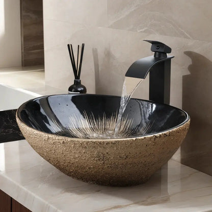 Hand-Painted Marble Ceramic Vessel Sink with Antique Brass Waterfall Faucet | Oval Countertop Bathroom Sink comfydesigners