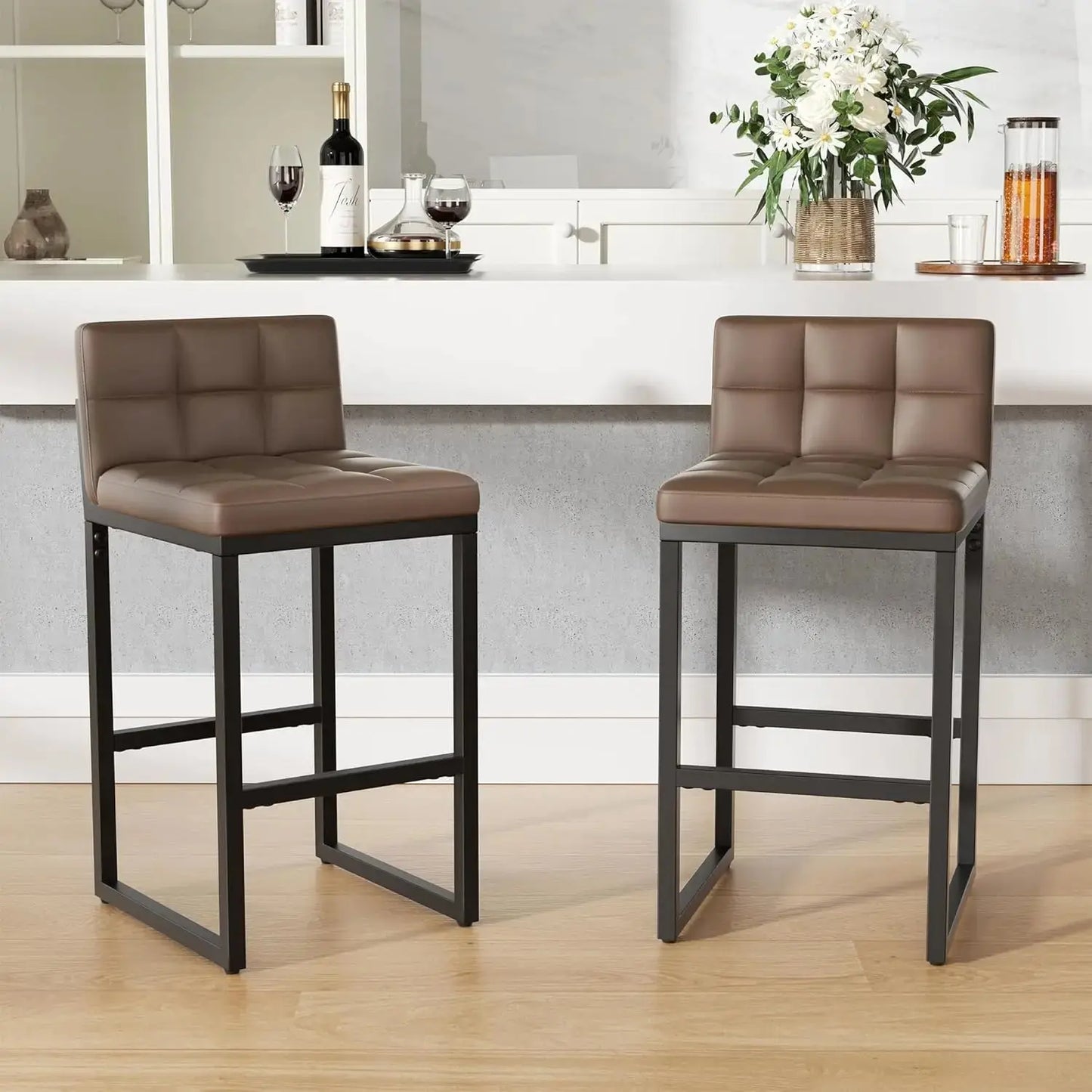 Modern Faux Leather Counter Height Bar Stools with Low Back and Footrest, Set of 2 comfydesigners