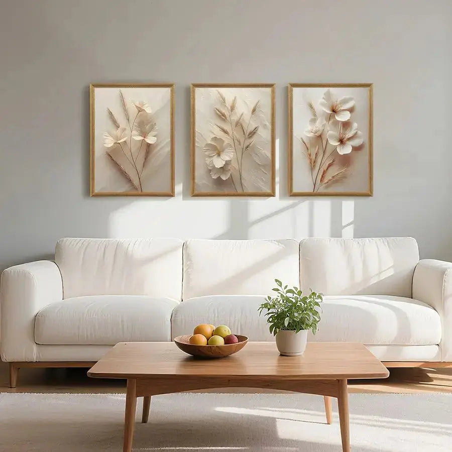 3-Piece Framed Floral Canvas Wall Art | Textured Abstract Botanical Prints, Neutral Beige comfydesigners
