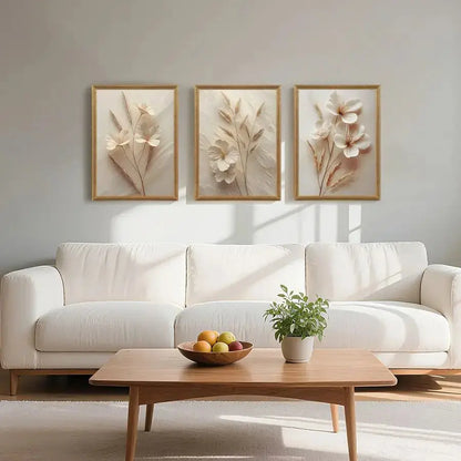 3-Piece Framed Floral Canvas Wall Art | Textured Abstract Botanical Prints, Neutral Beige comfydesigners