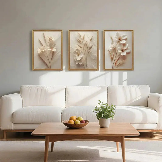 3-Piece Framed Floral Canvas Wall Art | Textured Abstract Botanical Prints, Neutral Beige comfydesigners