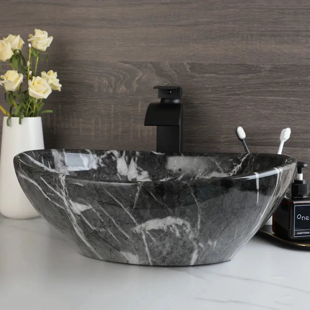 Hand-Painted Marble Ceramic Vessel Sink with Antique Brass Waterfall Faucet | Countertop Bathroom Sink comfydesigners