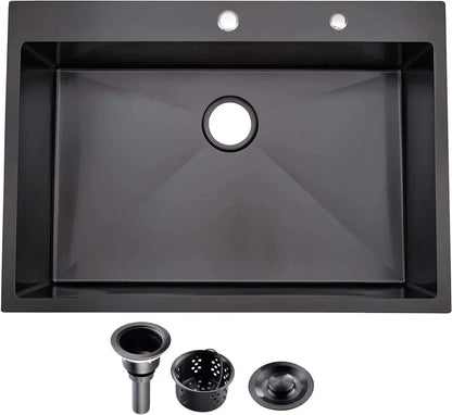 Gunmetal Black Drop-In Kitchen Sink | Handcrafted Stainless Steel, Top Mount, Extra-Deep Single Bowl comfydesigners