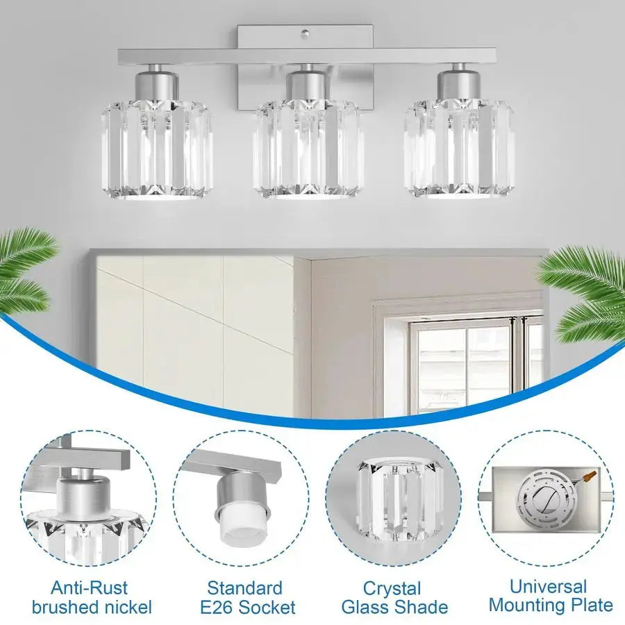 3Light Bathroom Light Fixtures Over Mirror, Brushed Nickel Crystal comfydesigners