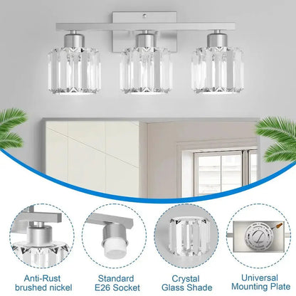 3Light Bathroom Light Fixtures Over Mirror, Brushed Nickel Crystal comfydesigners
