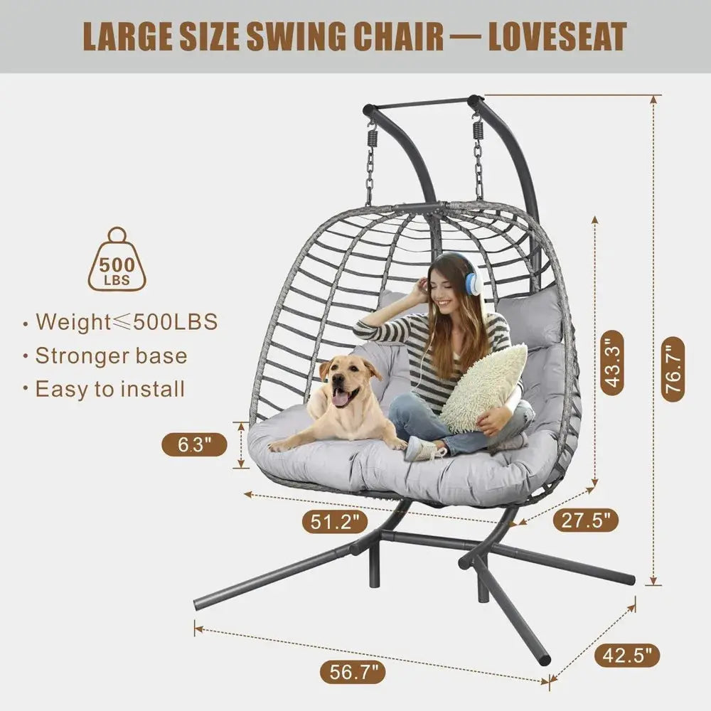 Double Hanging Egg Chair with Stand | 2-Person Indoor & Outdoor Wicker Swing Chair comfydesigners