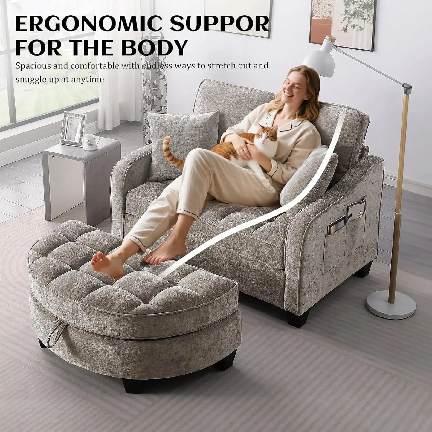 Oversized Chenille Chaise Lounge with Ottoman comfydesigners