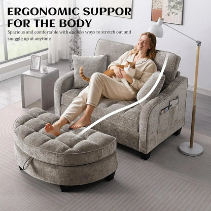 Oversized Chenille Chaise Lounge with Ottoman comfydesigners