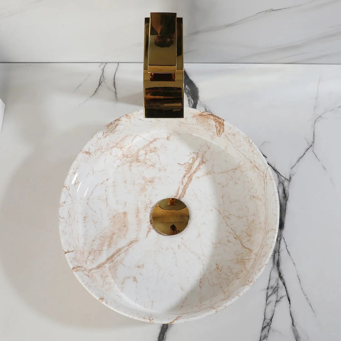 White Marble Ceramic Round Vessel Sink with Gold Waterfall Faucet | Countertop Bathroom Sink comfydesigners
