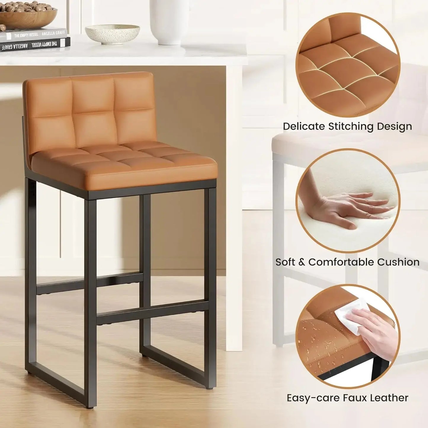Modern Faux Leather Counter Height Bar Stools with Low Back and Footrest, Set of 2 comfydesigners
