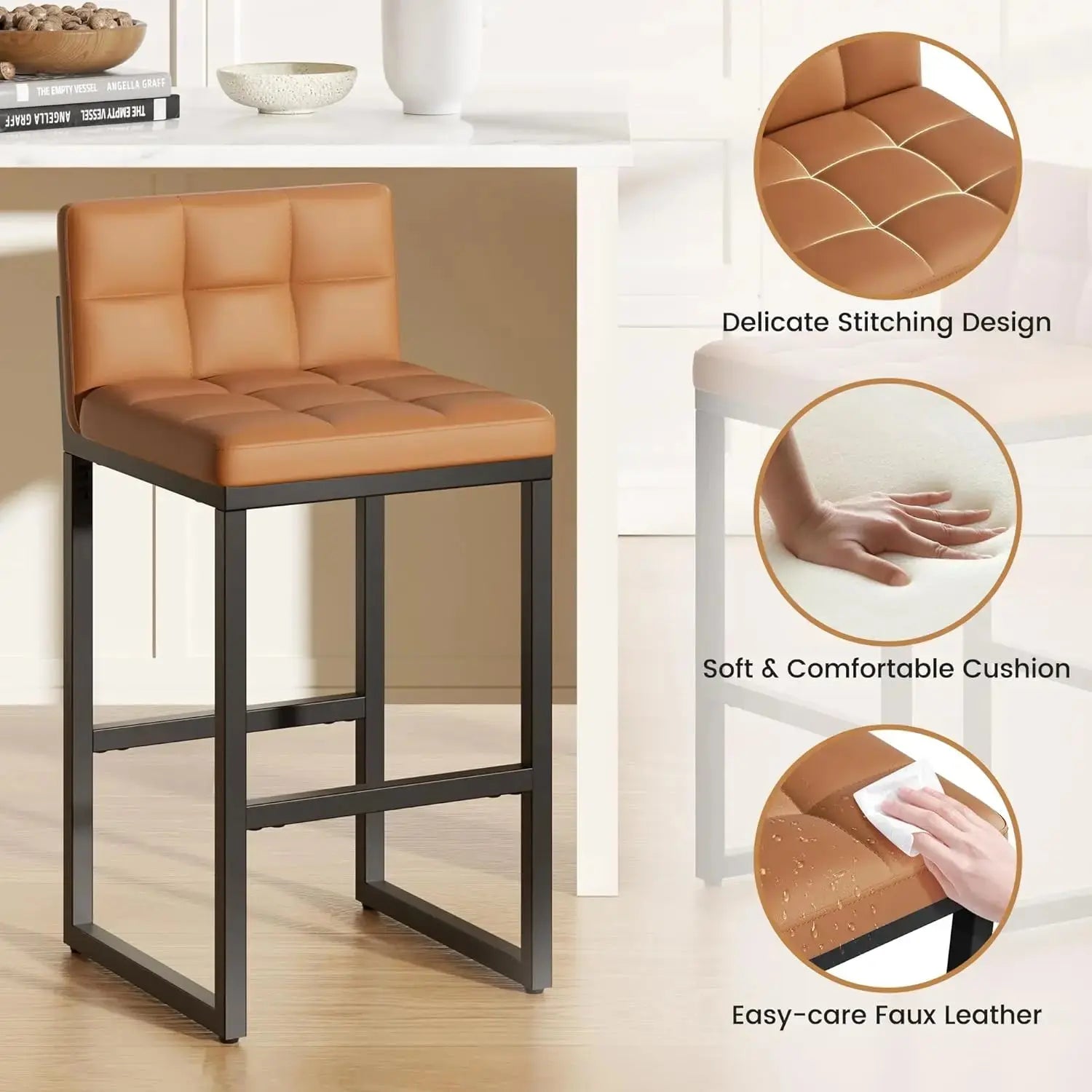 Modern Faux Leather Counter Height Bar Stools with Low Back and Footrest, Set of 2 comfydesigners