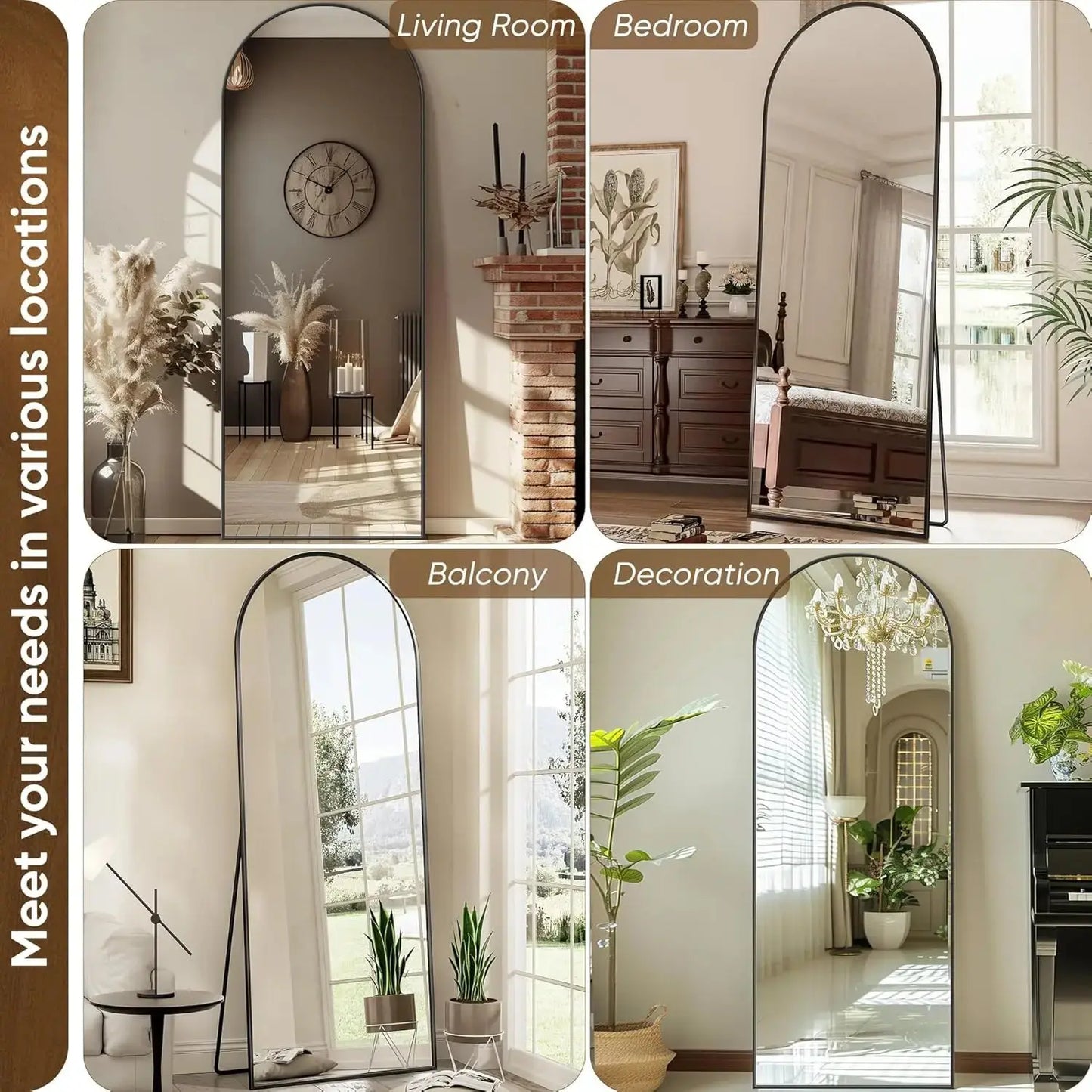 58" Arched Full Length Floor Mirror | HD Glass, Aluminum Alloy Frame — Gold & Black comfydesigners