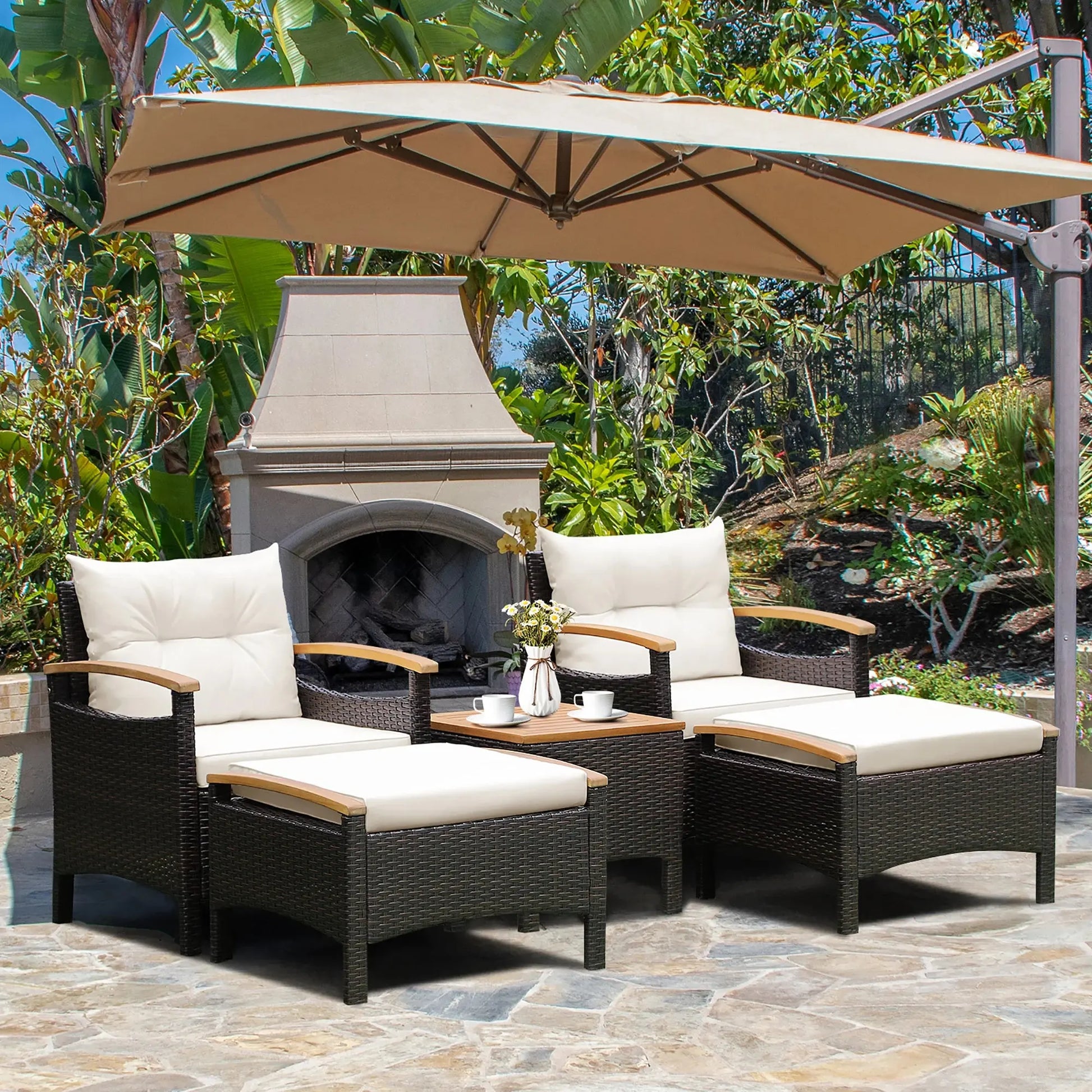 5-Piece Outdoor Rattan Patio Sofa Set | Acacia Wood, All-Weather PE Rattan & Cushions Included comfydesigners