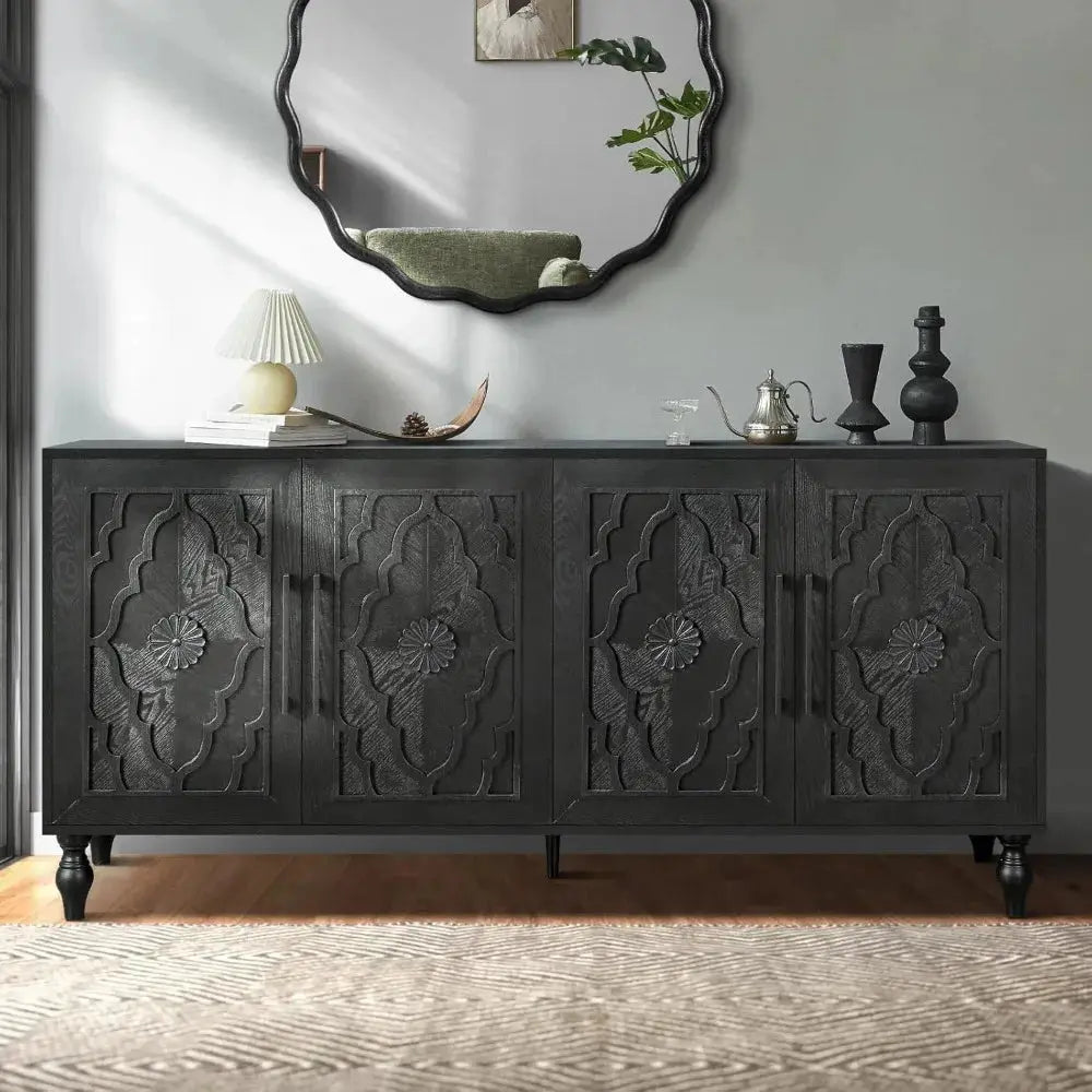Sideboard Buffet Credenzas for Living Room, 63 Antique Black Entryway Table with Storage Accent Cabinet, Carved Flowers Doors & comfydesigners