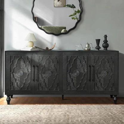 Sideboard Buffet Credenzas for Living Room, 63 Antique Black Entryway Table with Storage Accent Cabinet, Carved Flowers Doors & comfydesigners