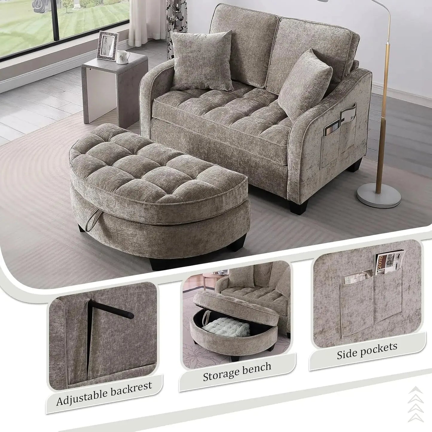 Oversized Chenille Chaise Lounge with Ottoman comfydesigners