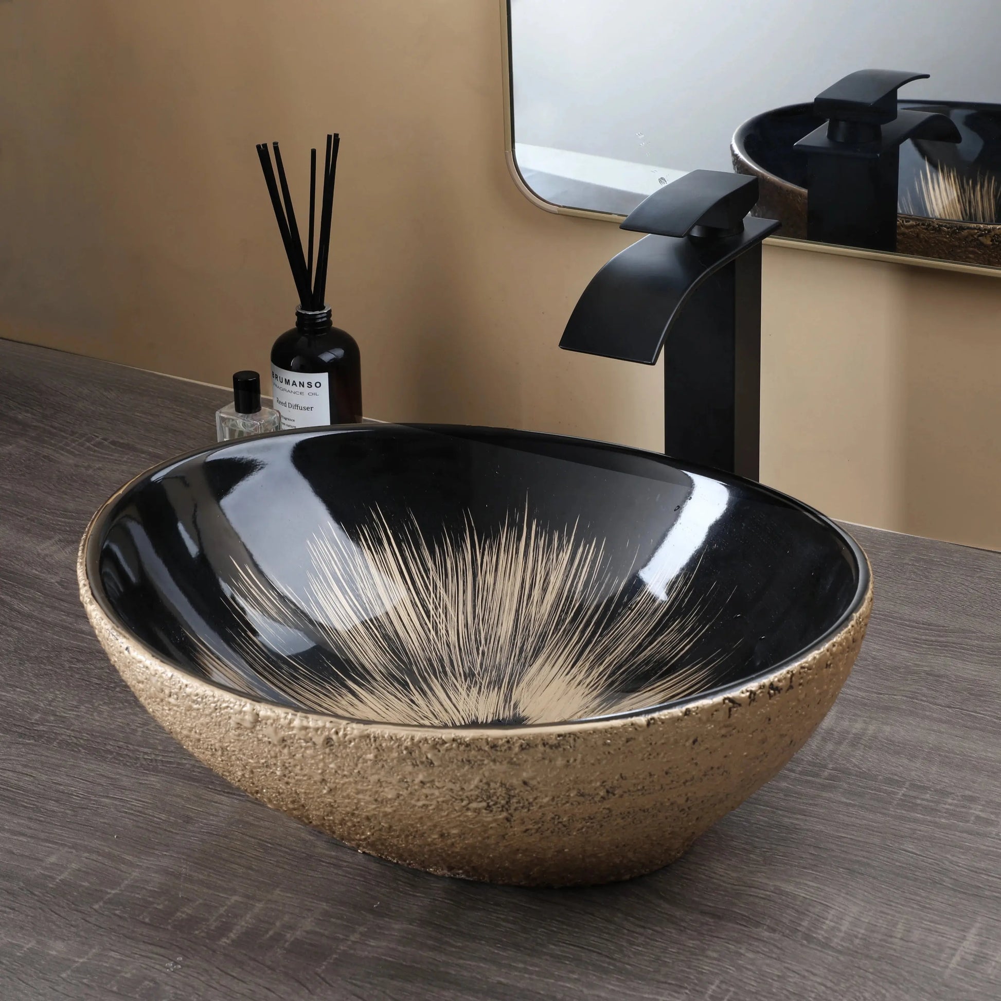 Hand-Painted Marble Ceramic Vessel Sink with Antique Brass Waterfall Faucet | Oval Countertop Bathroom Sink comfydesigners