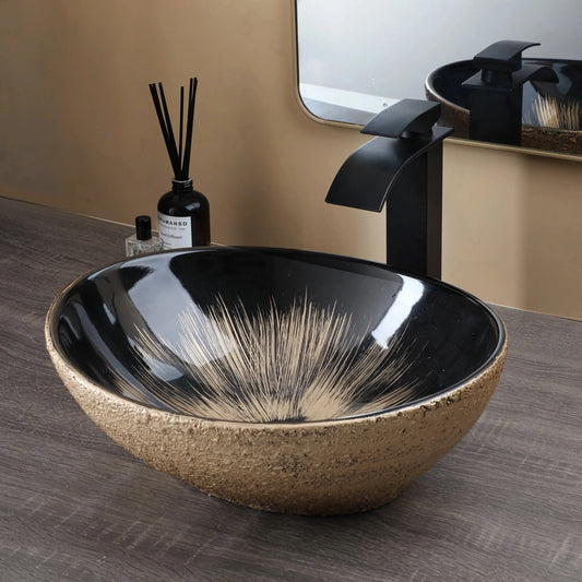 Hand-Painted Marble Ceramic Vessel Sink with Antique Brass Waterfall Faucet | Oval Countertop Bathroom Sink comfydesigners