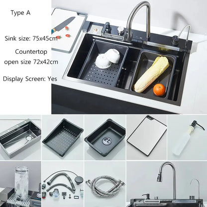Waterfall Kitchen Sink Set with Built-In Water Purifier | Stainless Steel, Digital Display & Slide Rail — 3 Finishes comfydesigners