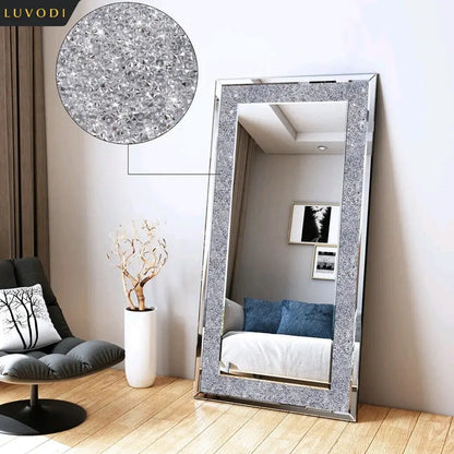 Large Frameless Crystal Wall Mirror | 48x24" Silver Sparkle, Wall-Mounted & Floor Dressing Mirror comfydesigners