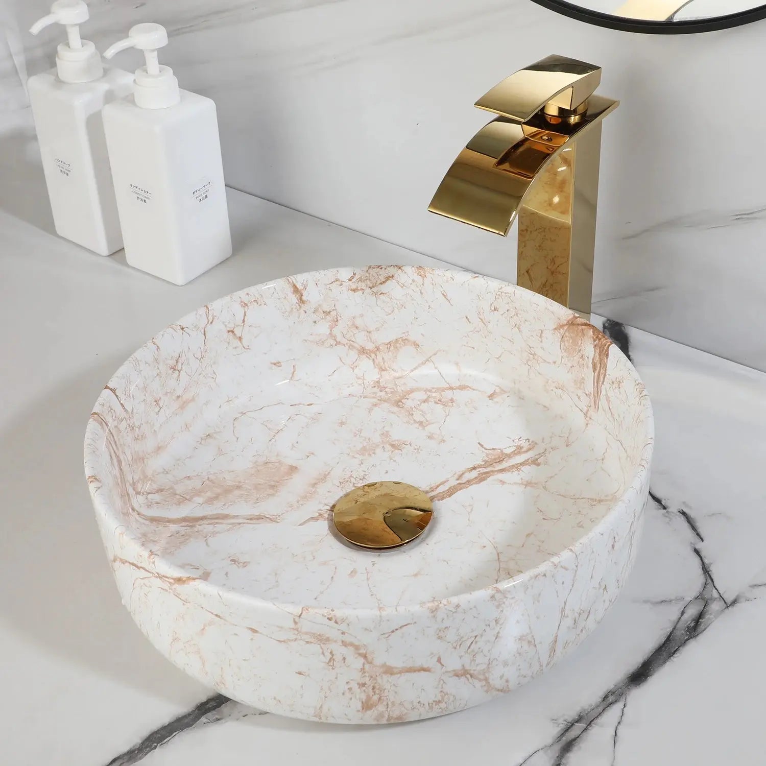 White Marble Ceramic Round Vessel Sink with Gold Waterfall Faucet | Countertop Bathroom Sink comfydesigners