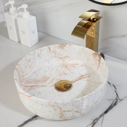White Marble Ceramic Round Vessel Sink with Gold Waterfall Faucet | Countertop Bathroom Sink comfydesigners