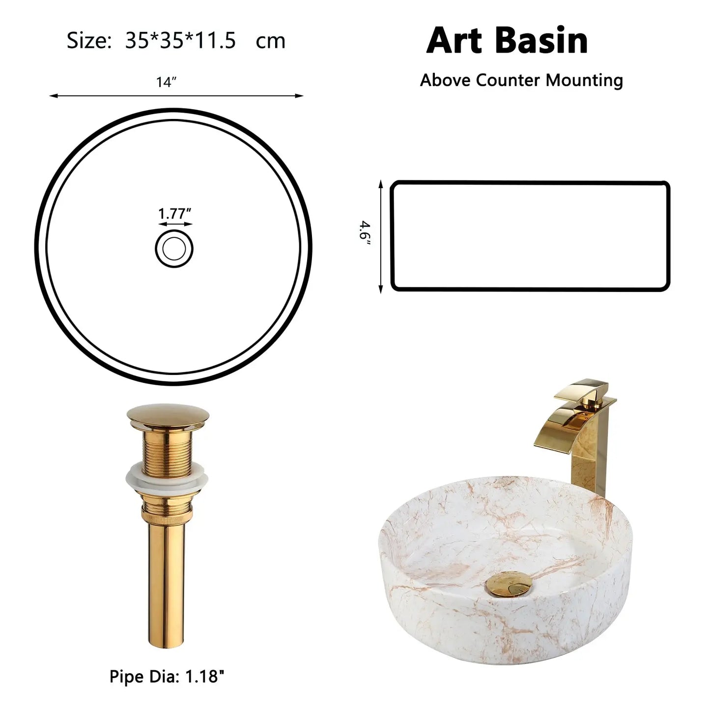 White Marble Ceramic Round Vessel Sink with Gold Waterfall Faucet | Countertop Bathroom Sink comfydesigners