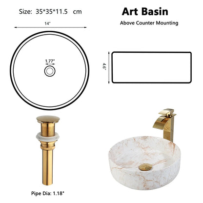 White Marble Ceramic Round Vessel Sink with Gold Waterfall Faucet | Countertop Bathroom Sink comfydesigners