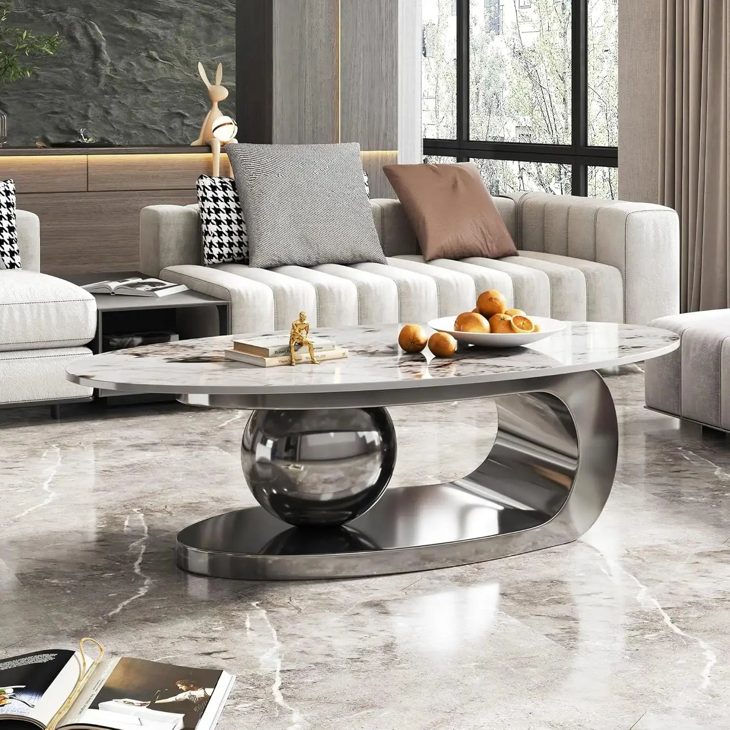 Oval Living Room Table with Faux Marble Top & Silver Stainless Steel Pedestal comfydesigners