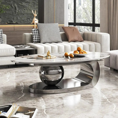 Oval Living Room Table with Faux Marble Top & Silver Stainless Steel Pedestal comfydesigners