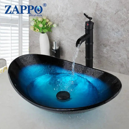 Hand-Painted Tempered Glass Vessel Sink with Waterfall Black Faucet | 22" Countertop Bathroom Sink comfydesigners