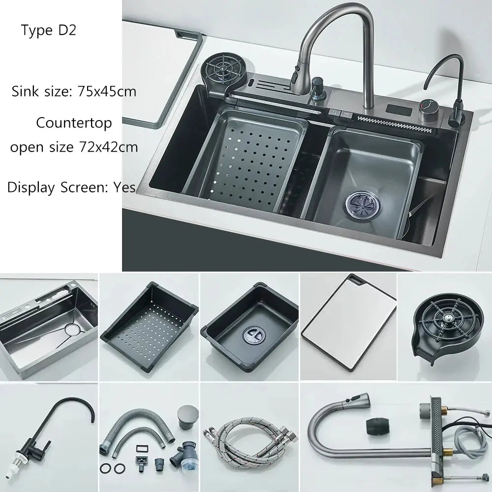 Waterfall Kitchen Sink Set with Built-In Water Purifier | Stainless Steel, Digital Display & Slide Rail — 3 Finishes comfydesigners
