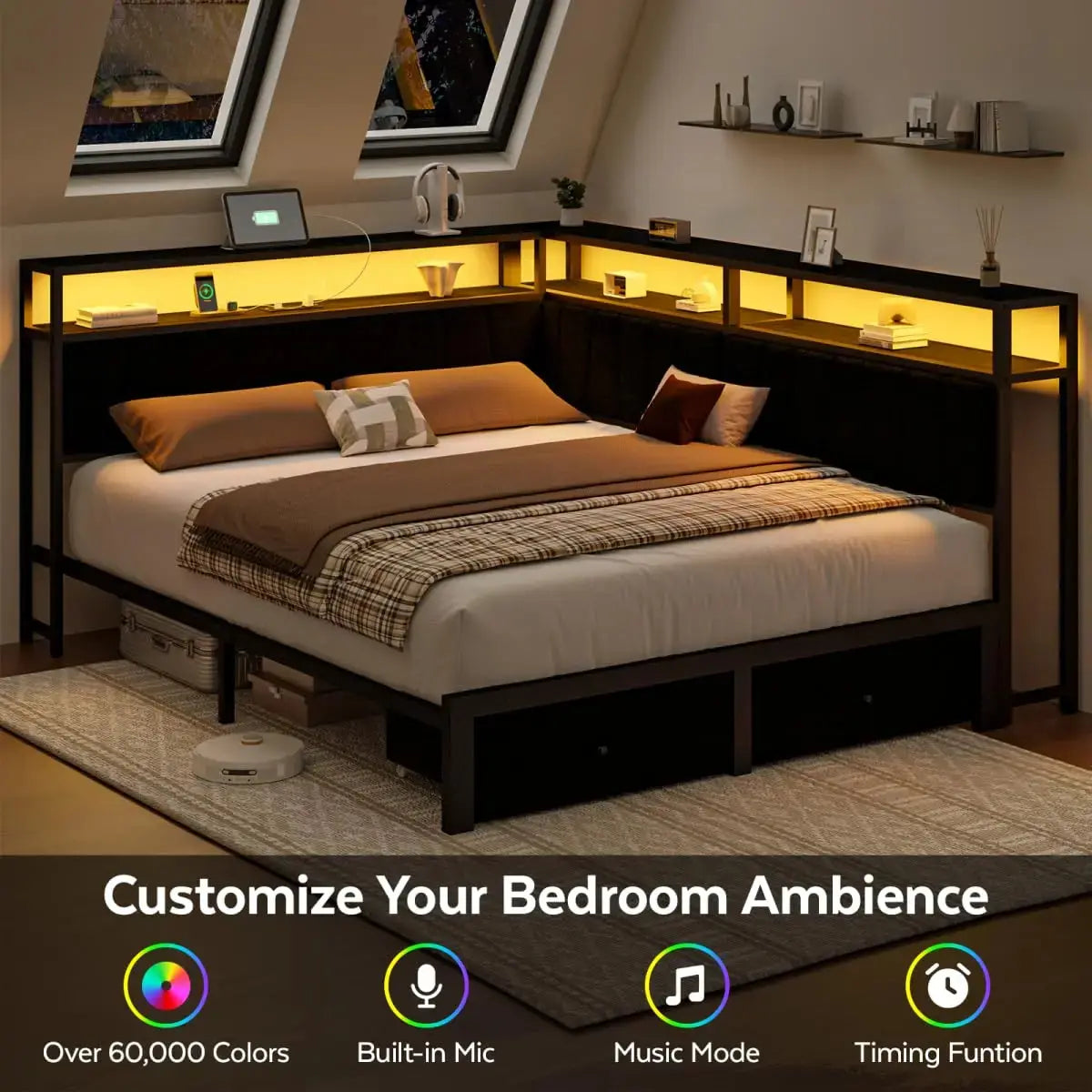 The Bed That Thought of Everything — Queen Corner Frame with Storage Drawers, LED & Charging Station comfydesigners