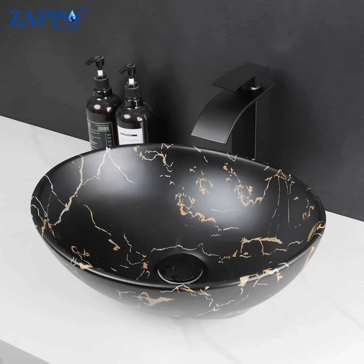 Hand-Painted Marble Ceramic Vessel Sink with Antique Brass Waterfall Faucet | Countertop Bathroom Sink comfydesigners
