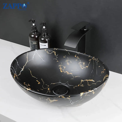 Hand-Painted Marble Ceramic Vessel Sink with Antique Brass Waterfall Faucet | Countertop Bathroom Sink comfydesigners