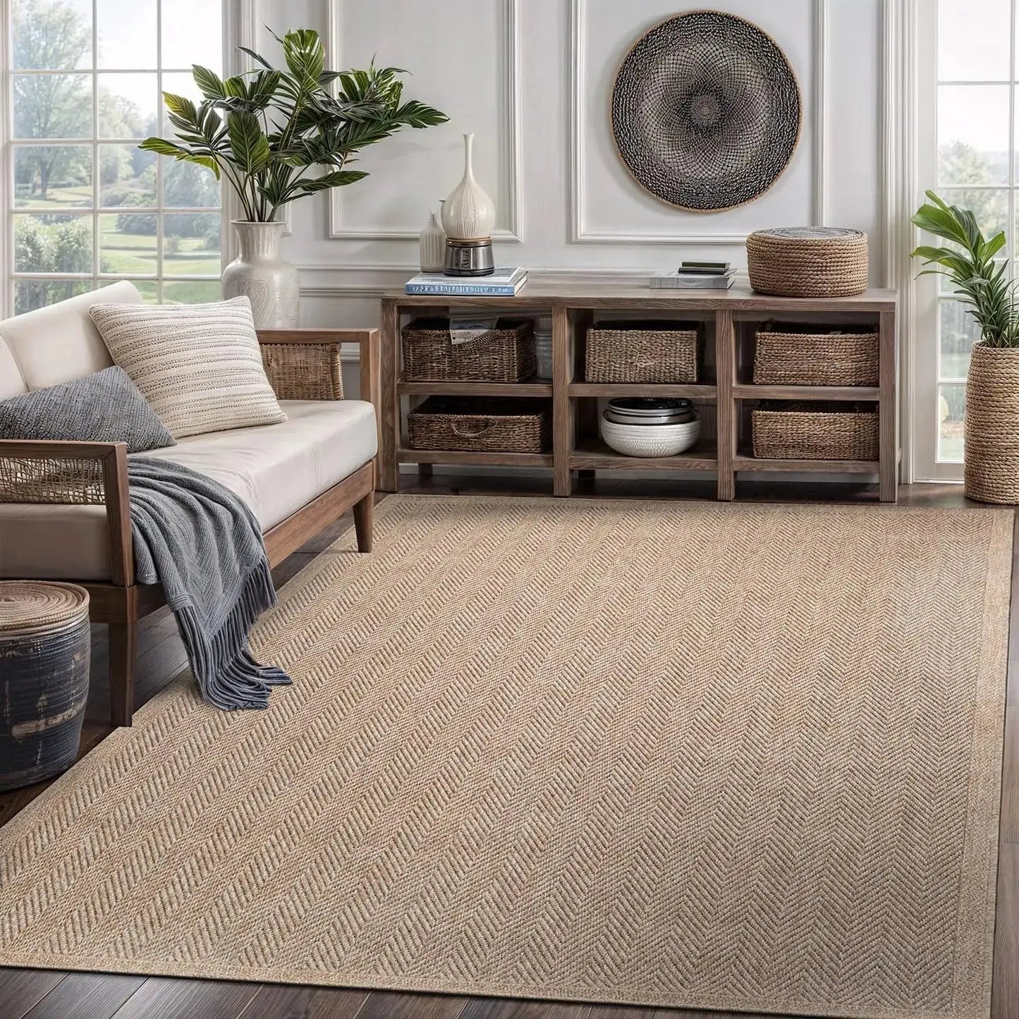 Natural Fiber Area Rug, Herringbone Seagrass Design comfydesigners