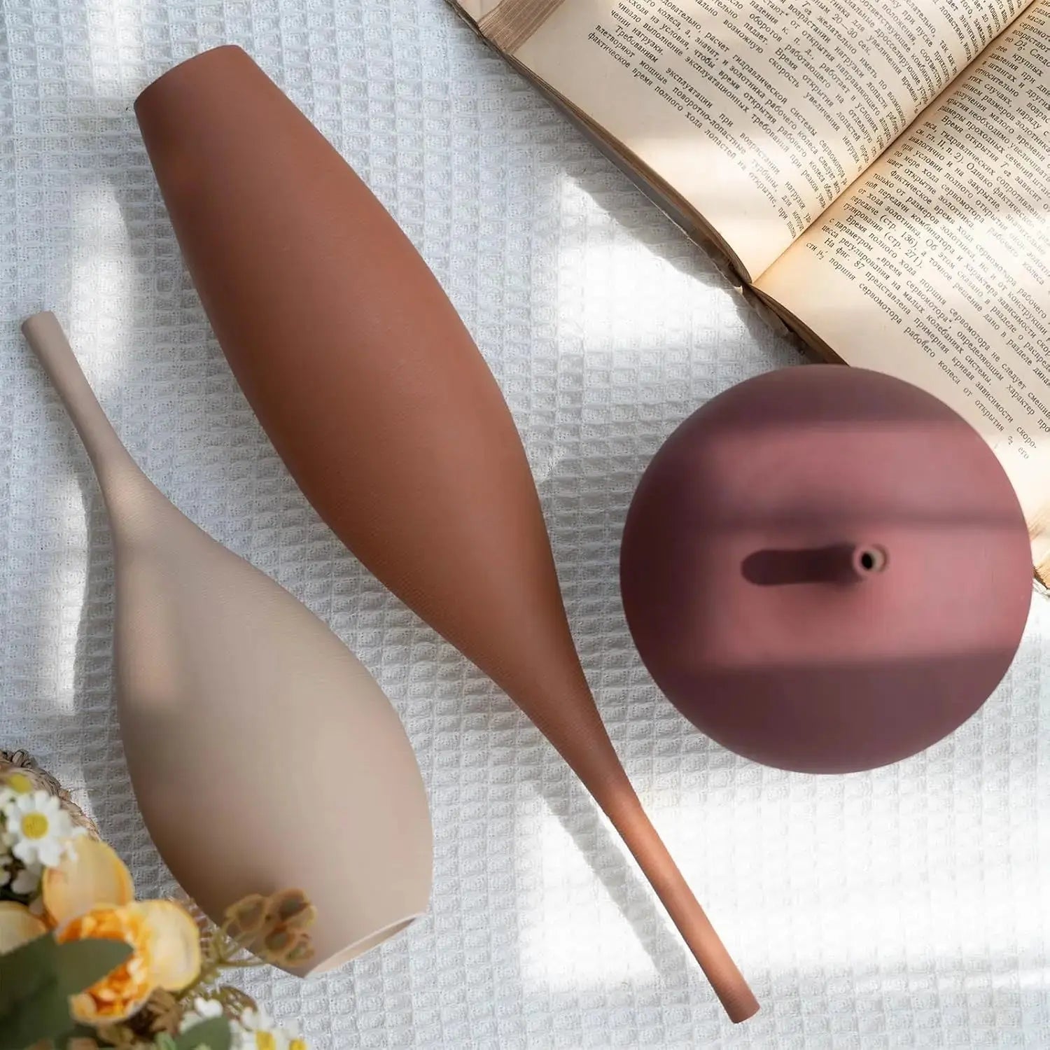 Trio of Earth-Tone Ribbed Ceramic Vases comfydesigners