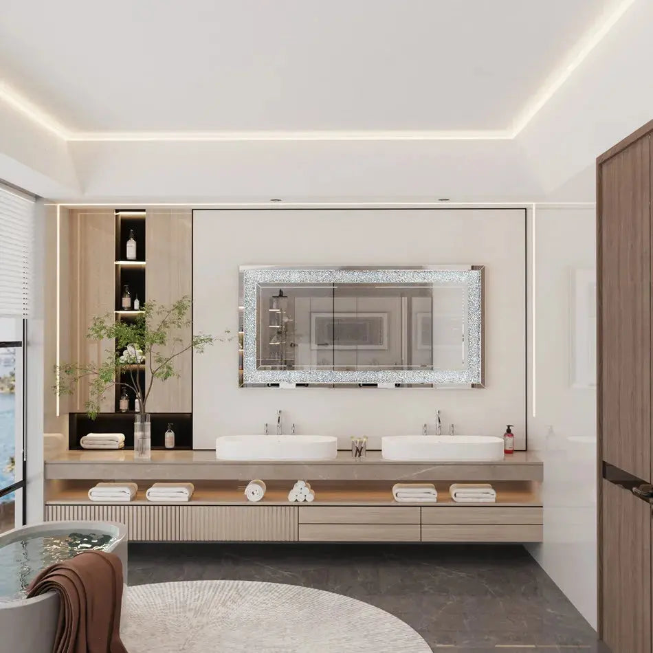 Large Frameless Crystal Wall Mirror | 48x24" Silver Sparkle, Wall-Mounted & Floor Dressing Mirror comfydesigners