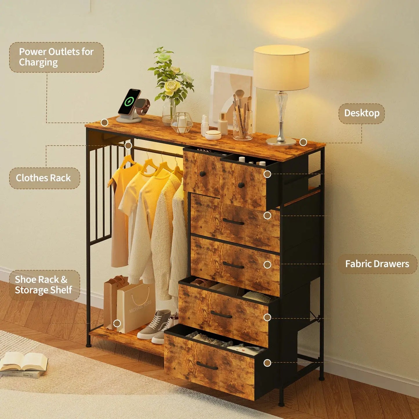 Your Bedroom's New Overachiever — 6-Drawer Dresser with Hanging Rack, LED Lights & Charging Station comfydesigners