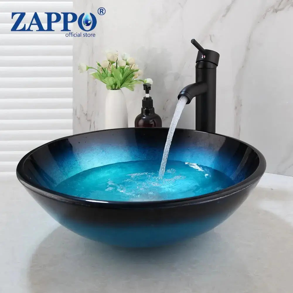 Hand-Painted Tempered Glass Vessel Sink with Waterfall Black Faucet | 22" Countertop Bathroom Sink comfydesigners