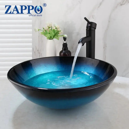 Hand-Painted Tempered Glass Vessel Sink with Waterfall Black Faucet | 22" Countertop Bathroom Sink comfydesigners