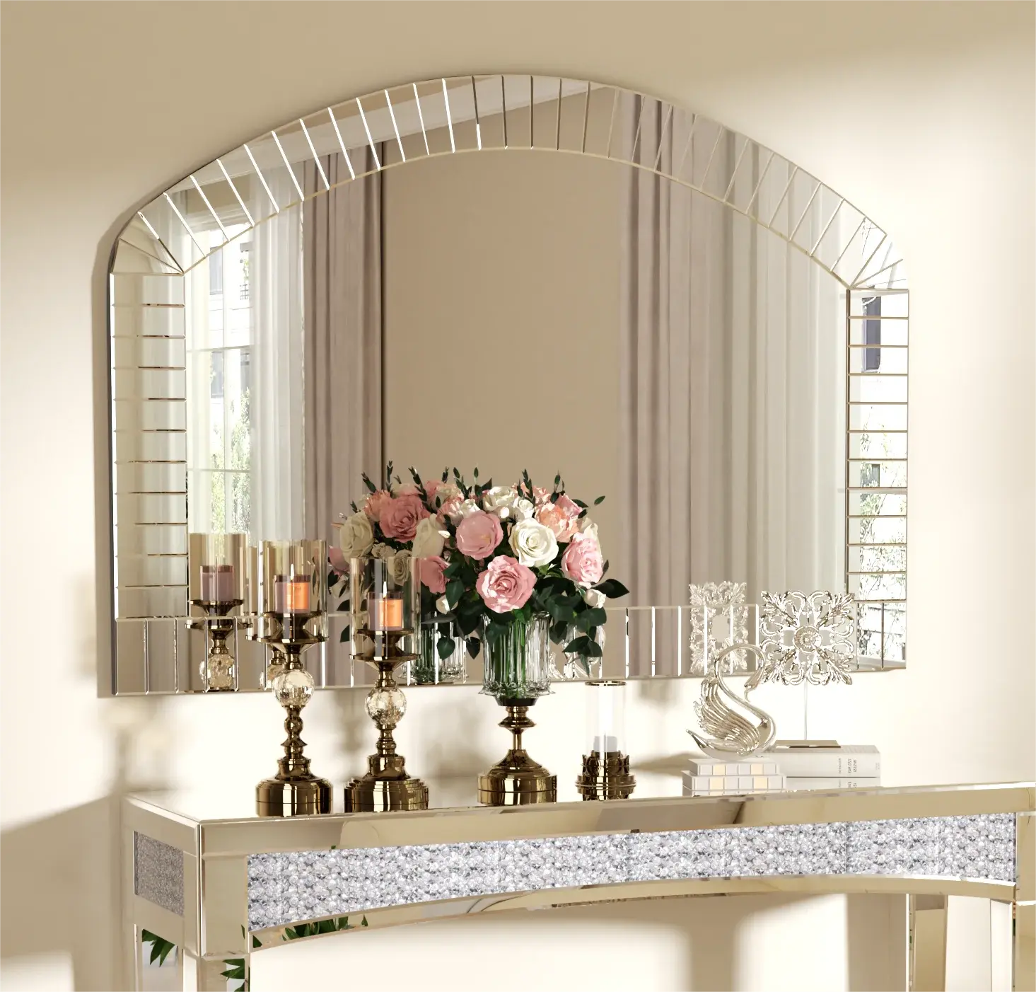 Silver Arched Venetian Beveled Wall Mirror comfydesigners