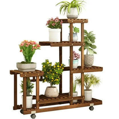 Multi-Layer Wood Plant Stand Outdoor/Indoor Rolling Flower Pot Holder comfydesigners