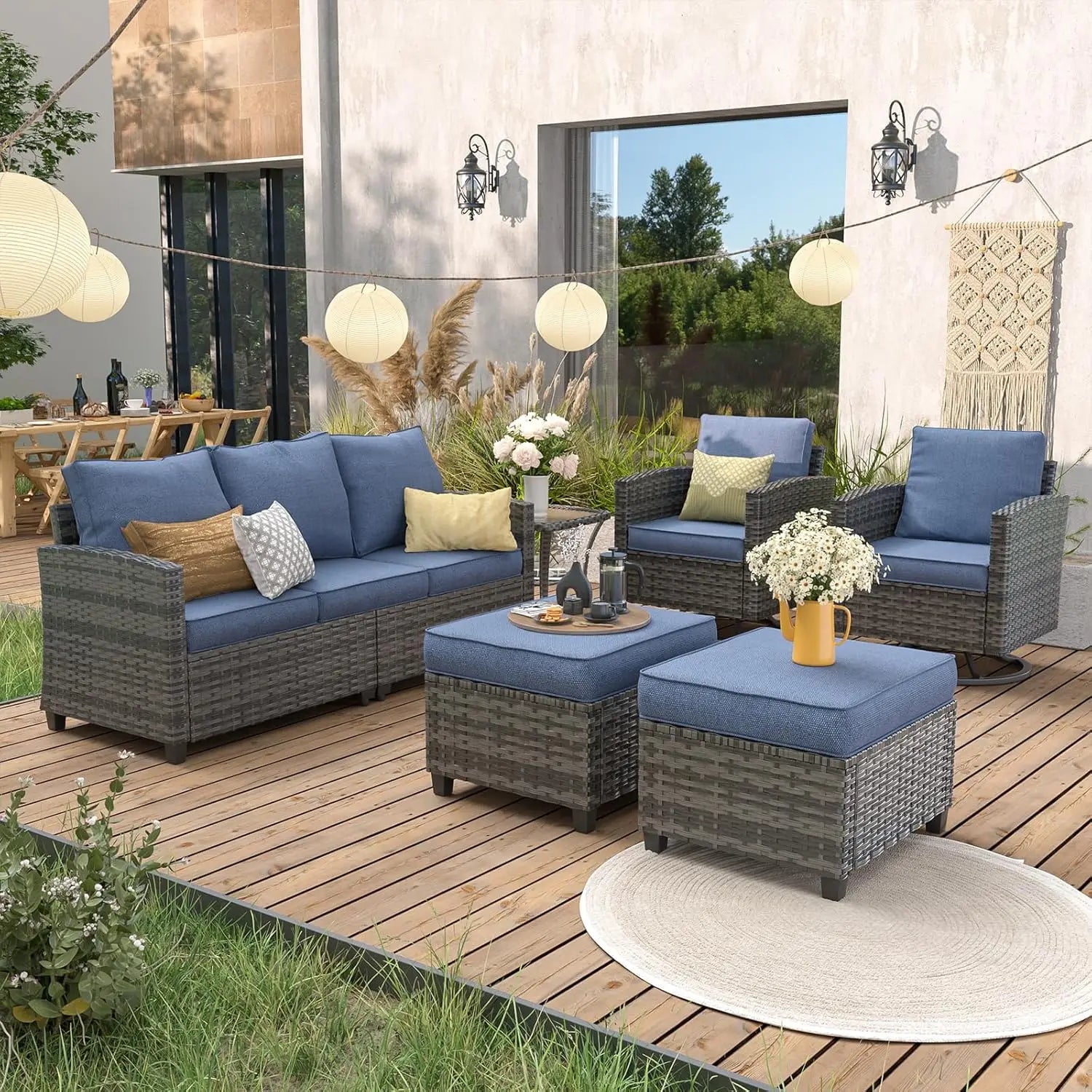 6-Piece Rattan Patio Sofa Set with Swivel Chairs