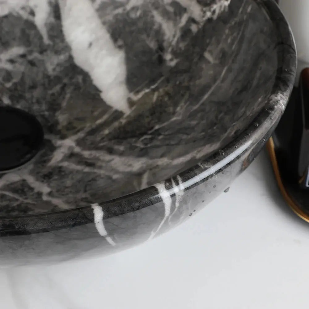 Hand-Painted Marble Ceramic Vessel Sink with Antique Brass Waterfall Faucet | Countertop Bathroom Sink comfydesigners