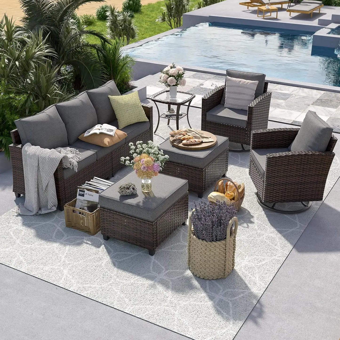 6-Piece Rattan Patio Sofa Set with Swivel Chairs