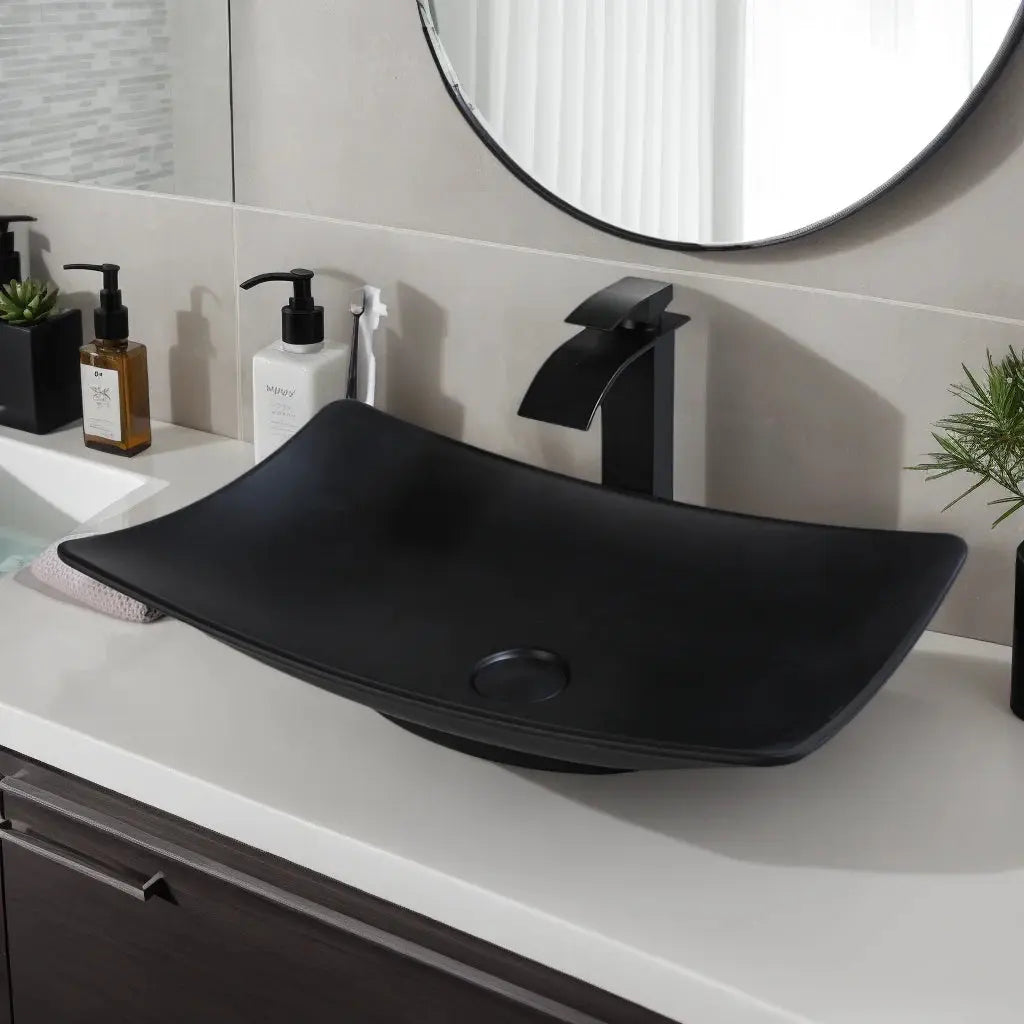 Stone Resin Vessel Sink with Waterfall Faucet | 22.6" European-Inspired Countertop Bathroom Sink comfydesigners