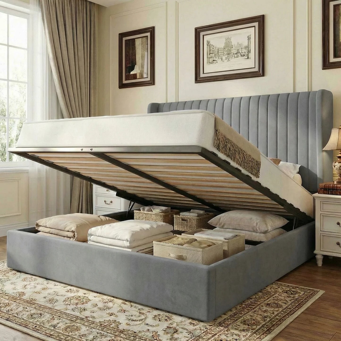 Lift-Up Storage Bed Frame with Velvet Headboard
