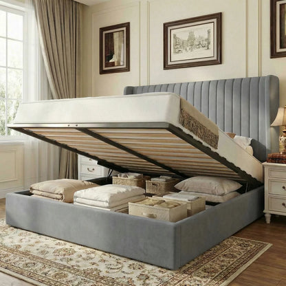 Lift-Up Storage Bed Frame with Velvet Headboard